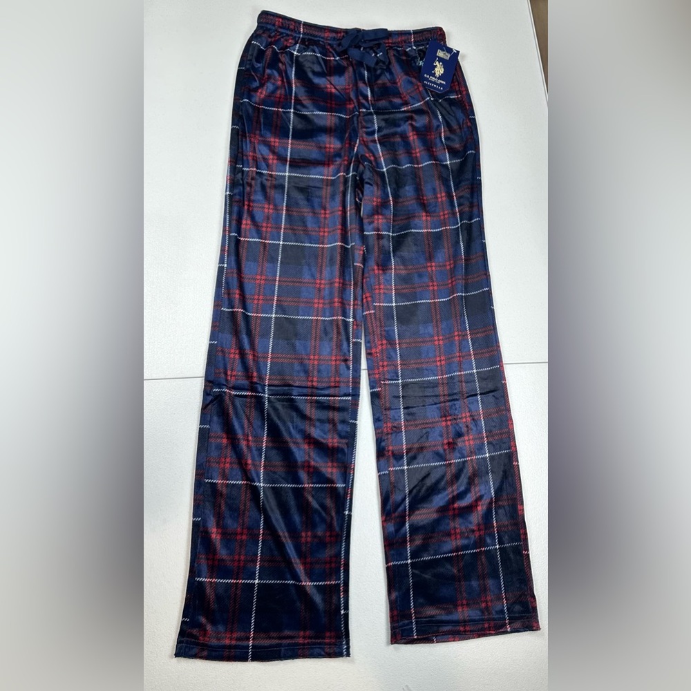 US‎ Polo Assn Sleep Pants Mens Small Navy Red Plaid Fleece Lounge Pajama Bottoms